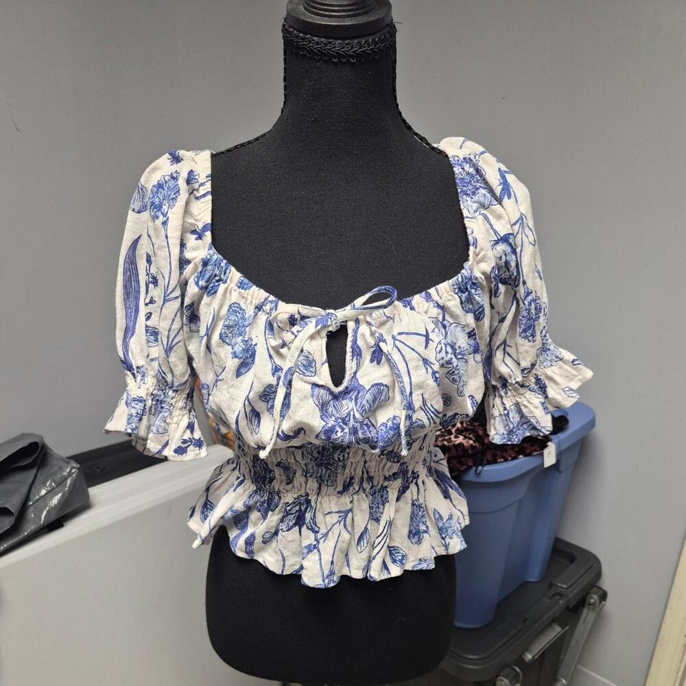 Blue floral print blouse with